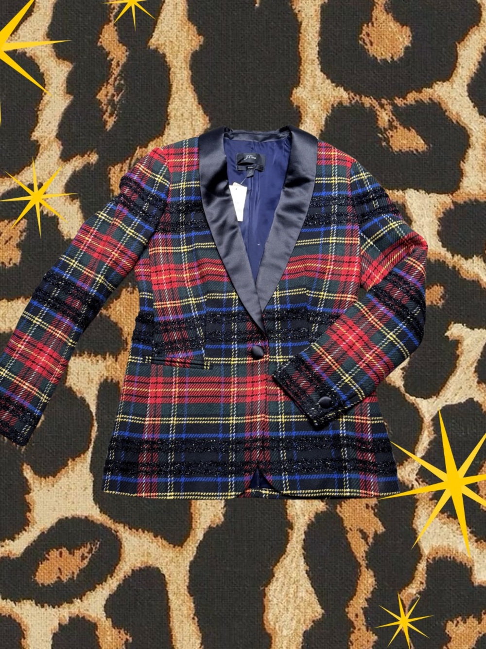 J.CREW | NWT Lurex Stewart Tartan Navy Satin Lining Blazer | Size 00